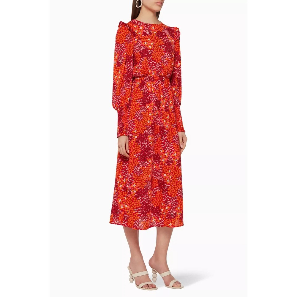 Never Fully Dressed Dress Womens 10 Orange Red Floral Long Sleeve Midi Chic Boho